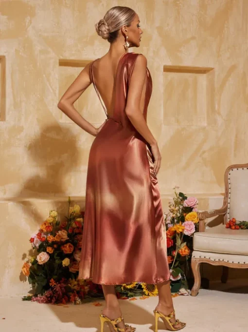 Aryndriel Sleeveless Cowl Neck Satin Midi Dress