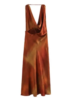 Aryndriel Sleeveless Cowl Neck Satin Midi Dress