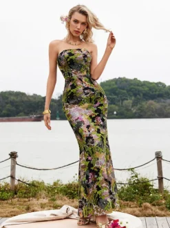 Asa Strapless Floral Sequin Maxi Dress