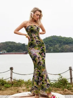 Asa Strapless Floral Sequin Maxi Dress