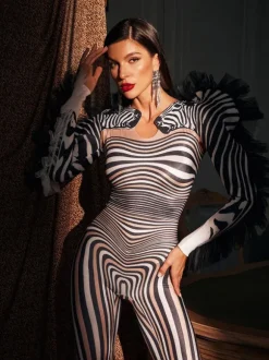 Assisi Tulle Trimmed Zebra Printed Jumpsuit