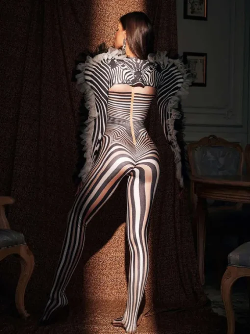 Assisi Tulle Trimmed Zebra Printed Jumpsuit
