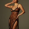 Astragal Spaghetti Leopard Split Midi Dress