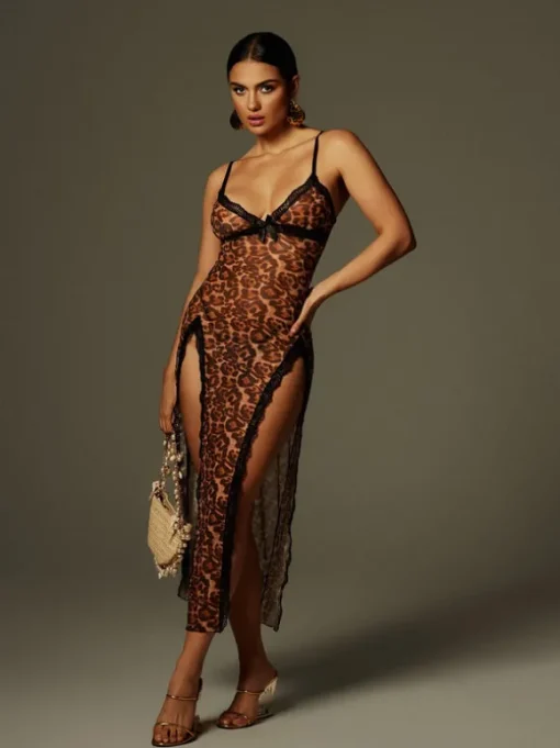 Astragal Spaghetti Leopard Split Midi Dress