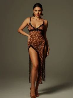 Astragal Spaghetti Leopard Split Midi Dress