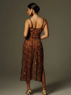 Astragal Spaghetti Leopard Split Midi Dress