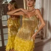 Austyn Tassel Feather Mini Dress In Gold