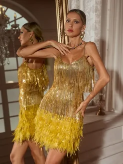 Austyn Tassel Feather Mini Dress In Gold
