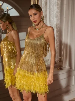 Austyn Tassel Feather Mini Dress In Gold