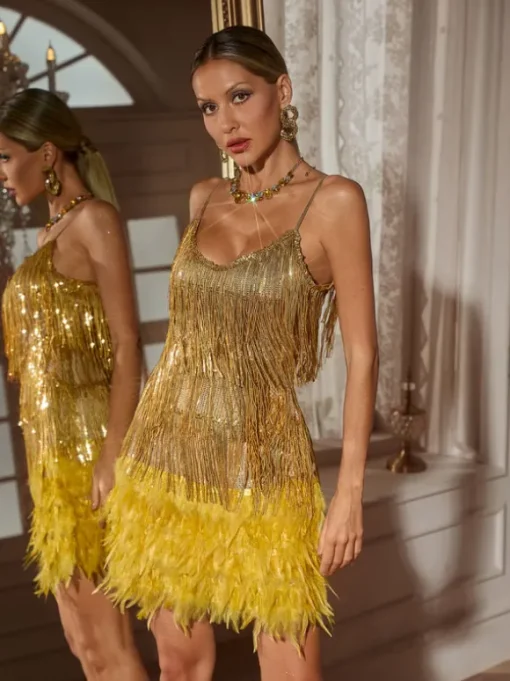Austyn Tassel Feather Mini Dress In Gold