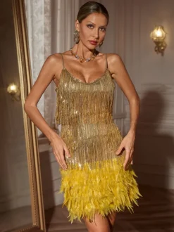 Austyn Tassel Feather Mini Dress In Gold