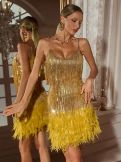 Austyn Tassel Feather Mini Dress In Gold