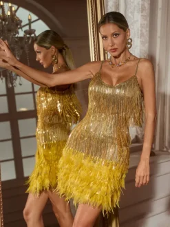 Austyn Tassel Feather Mini Dress In Gold