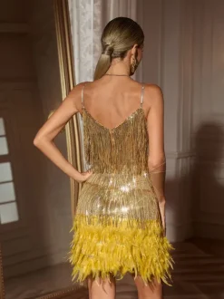 Austyn Tassel Feather Mini Dress In Gold