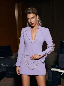 Aylin Crystal Cutout Embellished Blazer Dress In Purple
