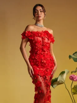 Azizi Off Shoulder Flower Mesh Maxi Dress