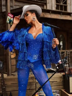 Baelara Spaghetti Rhinestone Jumpsuit In Blue