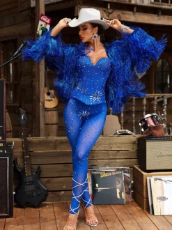 Baelara Spaghetti Rhinestone Jumpsuit In Blue