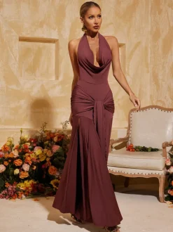 Baelthar Cowl Neck Ruched Split Maxi Dress