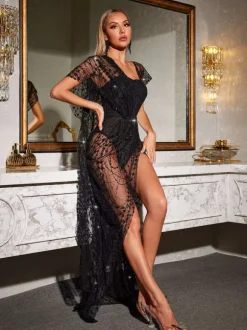 Bailee Split Sequin Maxi Dress In Black