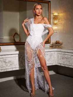 Bailee Split Sequin Maxi Dress In White