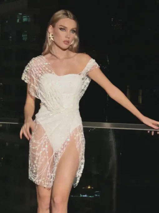 Bailee Split Sequin Mini Dress In White