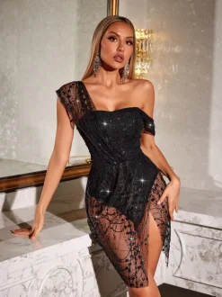 Bailee Split Sequin Mini Dress In Black