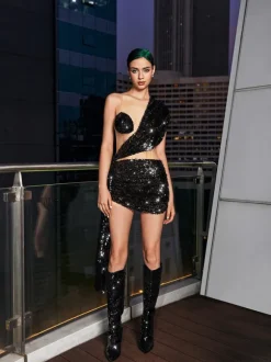 Barnaby Sequin Draped Asymmetric Mesh Mini Dress In Black