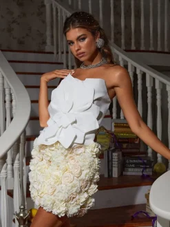 Bayard Strapless Flower Top In White