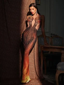 Bellezza Printed Rhinestone Maxi Dress