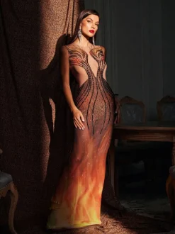 Bellezza Printed Rhinestone Maxi Dress
