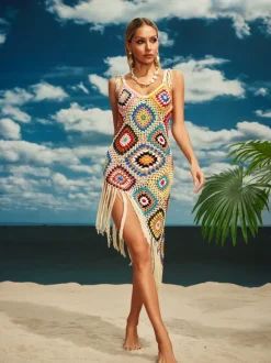 Belva Spaghetti Knitted Fringe Midi Dress