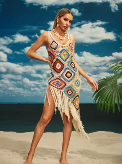 Belva Spaghetti Knitted Fringe Midi Dress