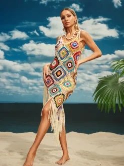 Belva Spaghetti Knitted Fringe Midi Dress