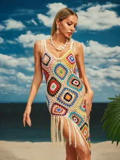 Belva Spaghetti Knitted Fringe Midi Dress