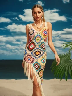 Belva Spaghetti Knitted Fringe Midi Dress