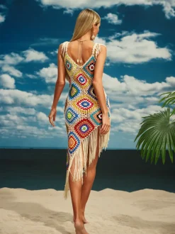 Belva Spaghetti Knitted Fringe Midi Dress