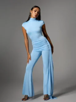 Bennora High Neck Draped Jumpsuit In Baby Blue