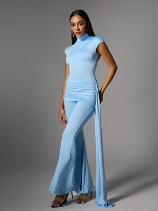 Bennora High Neck Draped Jumpsuit In Baby Blue