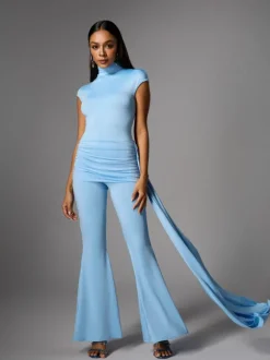 Bennora High Neck Draped Jumpsuit In Baby Blue