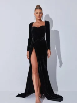 Bernice Long Sleeve Gloves Velvet Maxi Dress In Black