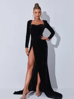 Bernice Long Sleeve Gloves Velvet Maxi Dress In Black