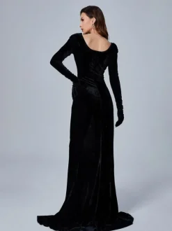 Bernice Long Sleeve Gloves Velvet Maxi Dress In Black