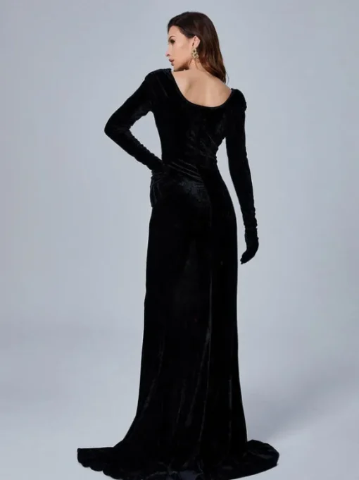 Bernice Long Sleeve Gloves Velvet Maxi Dress In Black
