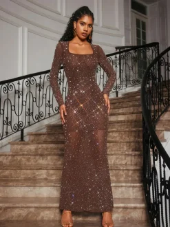Bhullar Square Neck Rhinestone Maxi Dress