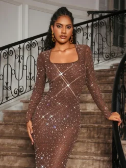 Bhullar Square Neck Rhinestone Maxi Dress