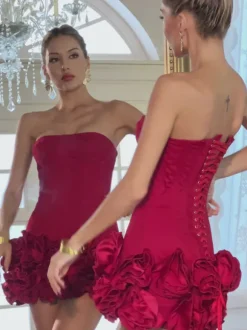Birtin Strapless Flower Mini Dress In Red