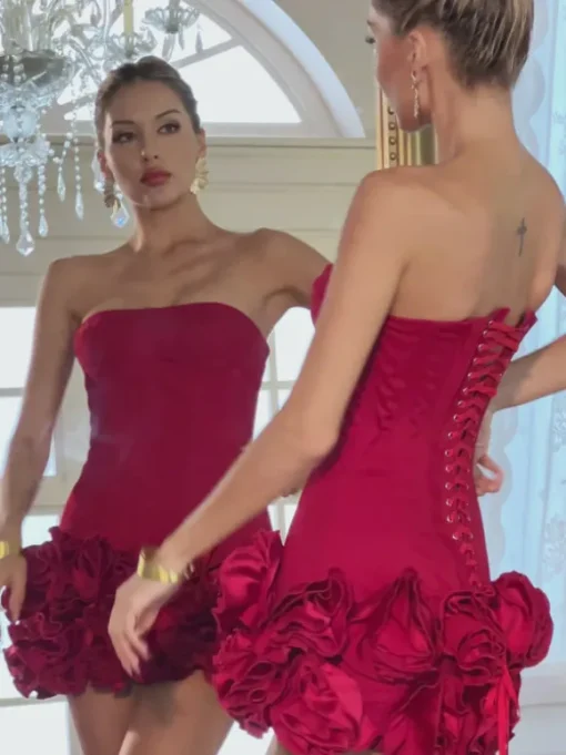 Birtin Strapless Flower Mini Dress In Red
