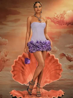 Birtin Strapless Flower Mini Dress In Purple