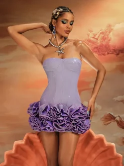Birtin Strapless Flower Mini Dress In Purple